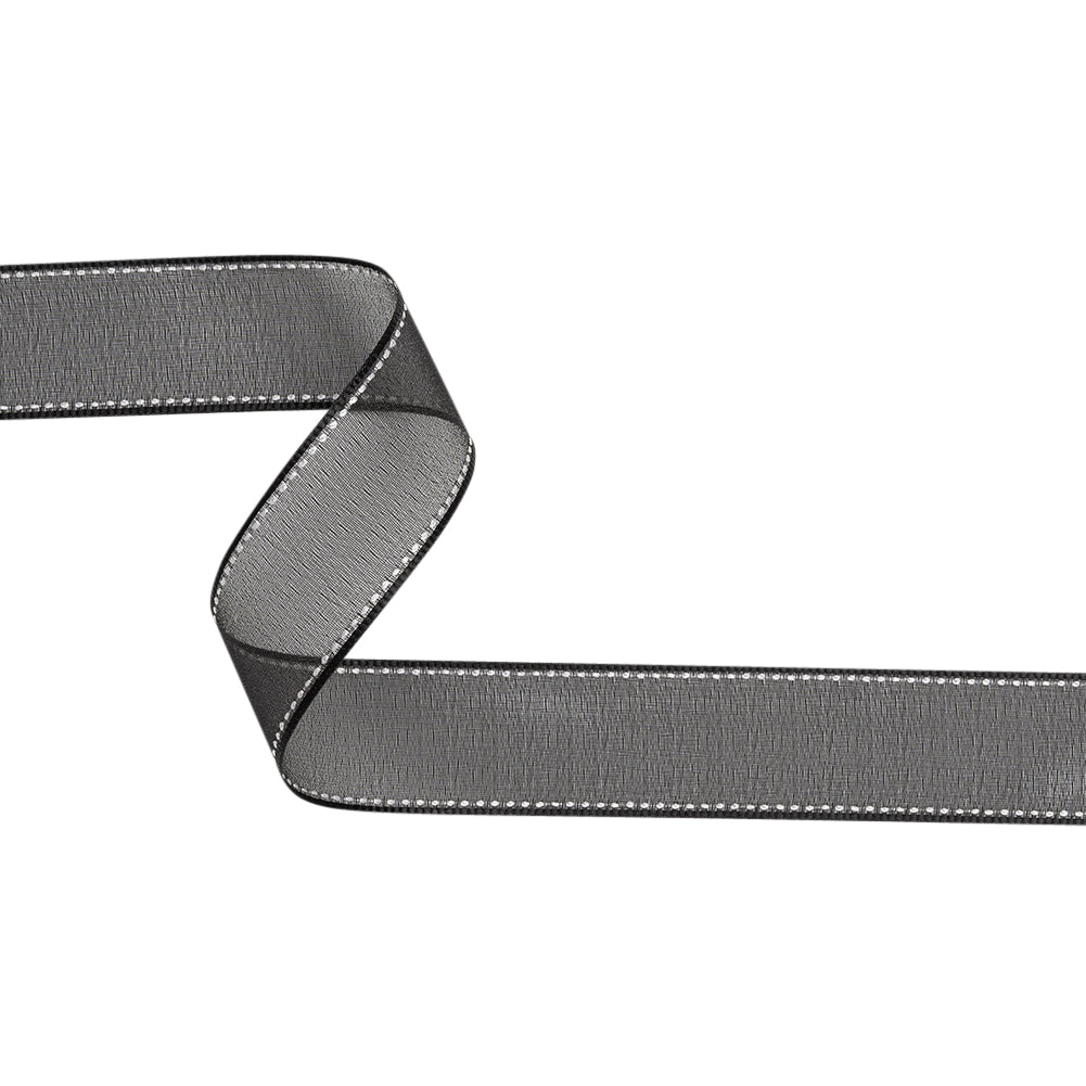 Sheer Ribbon with White Stitched Border - 1" - Black