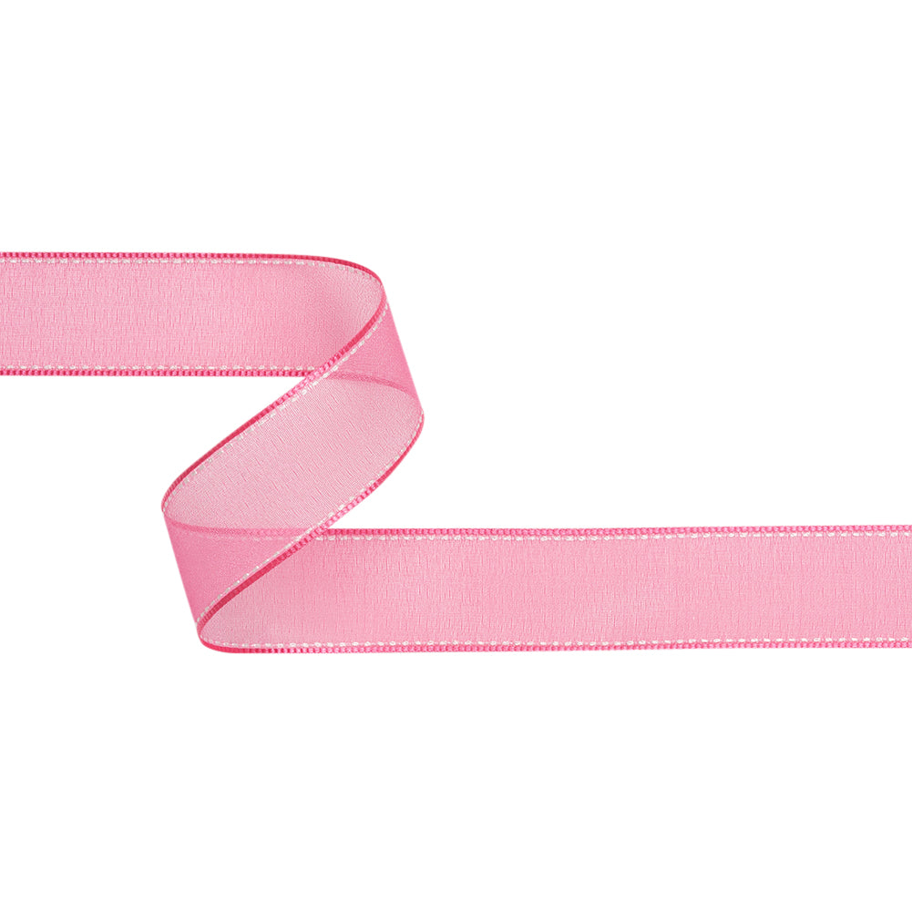 Sheer Ribbon with White Stitched Border - 1" - Fuchsia