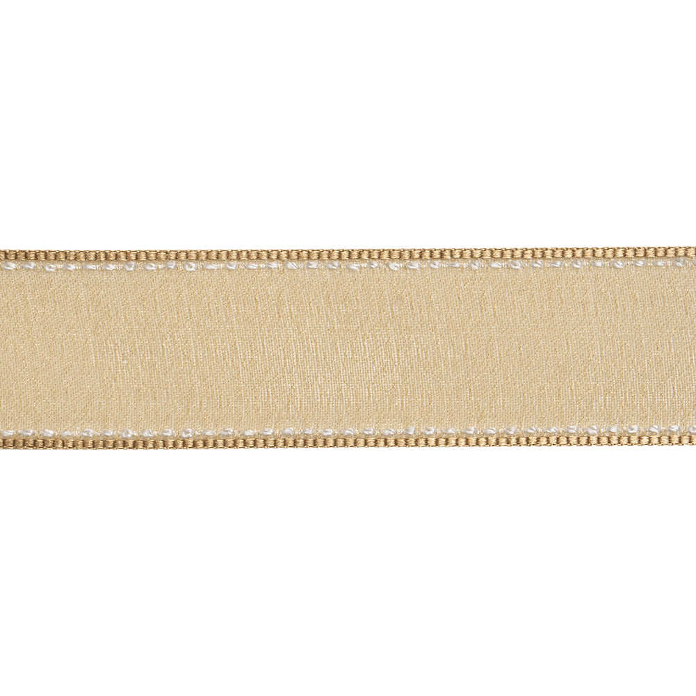 Sheer Ribbon with White Stitched Border - 1" - Coffee