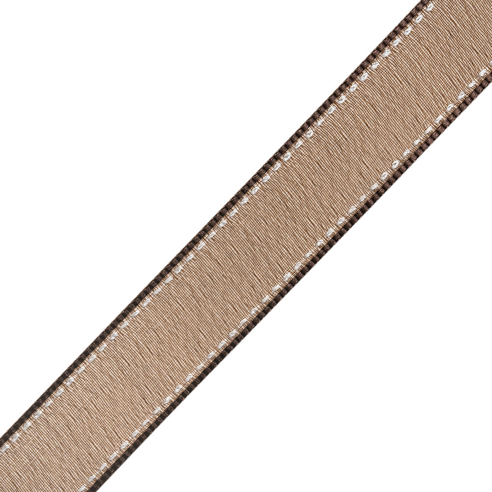 Sheer Ribbon with White Stitched Border - 0.75" - Brown