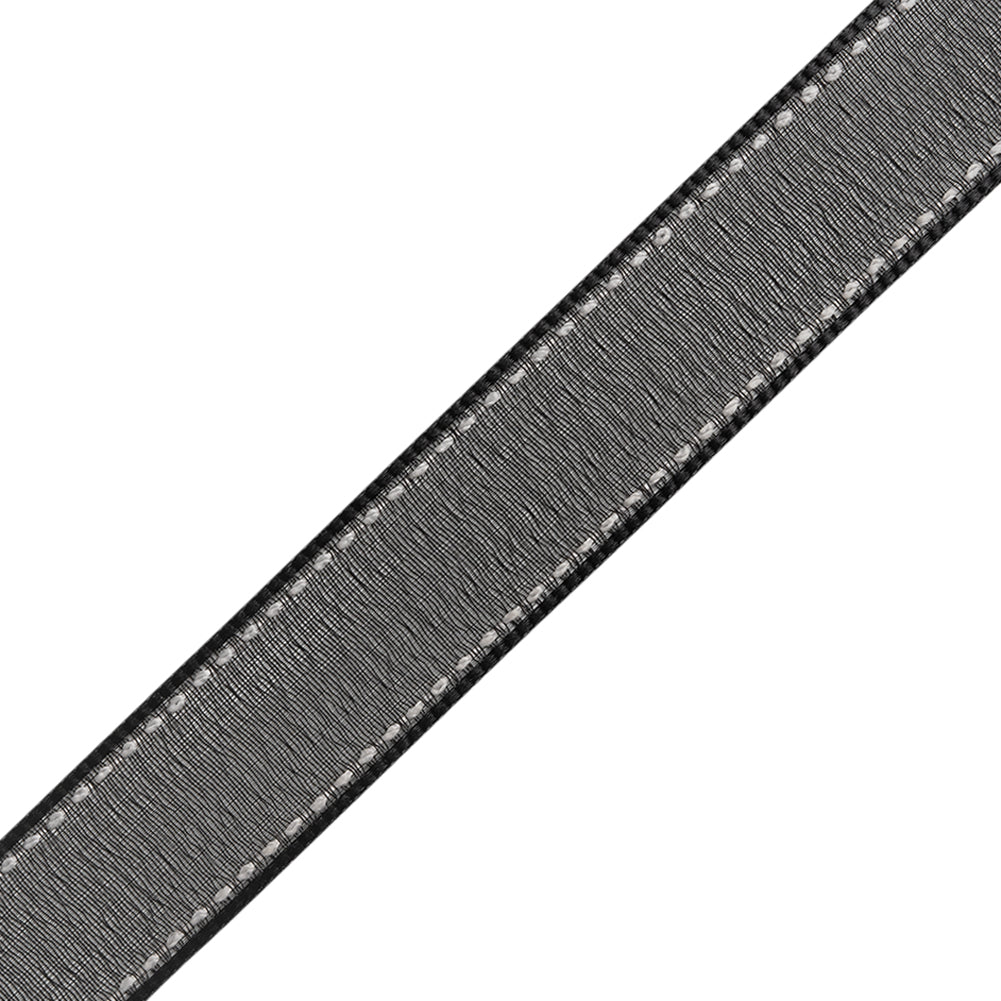 Sheer Ribbon with White Stitched Border - 0.75" - Black