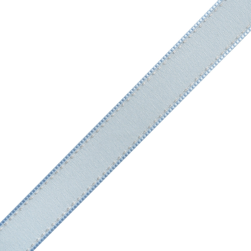 Sheer Ribbon with White Stitched Border - 0.75" - Baby Blue
