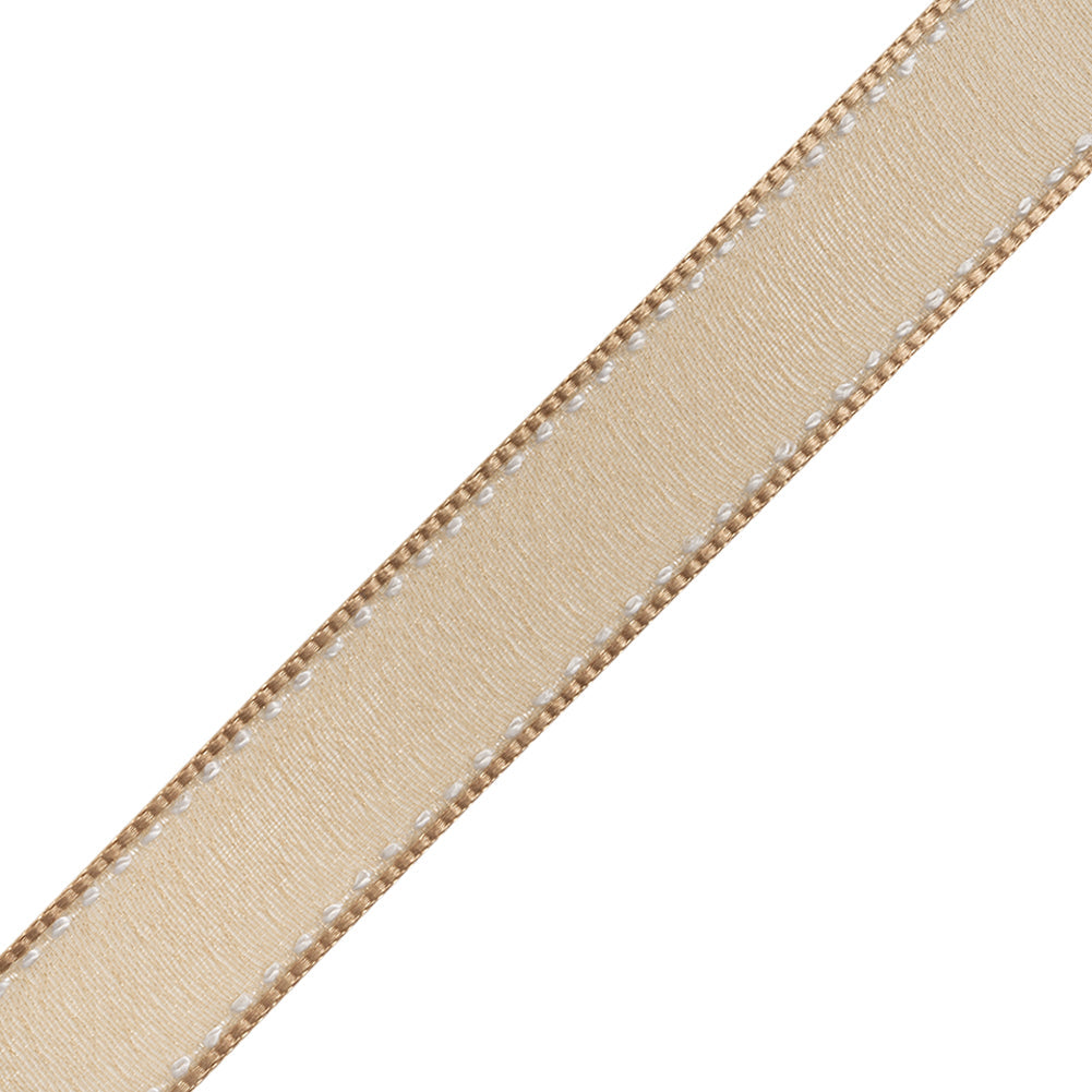 Sheer Ribbon with White Stitched Border - 0.75" - Coffee