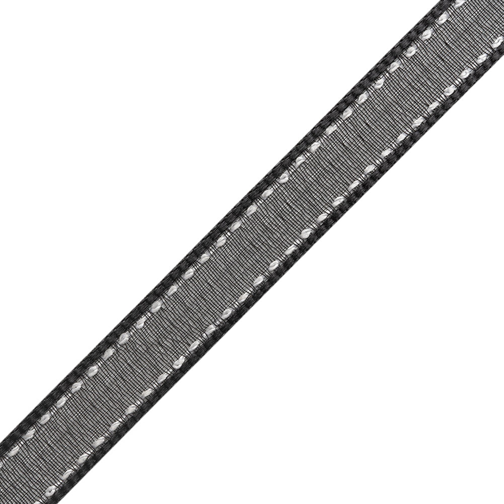 Sheer Ribbon with White Stitched Border - 0.5" - Black