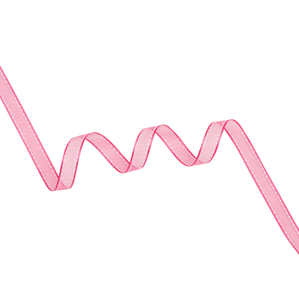 Sheer Ribbon with White Stitched Border - 0.5" - Fuchsia