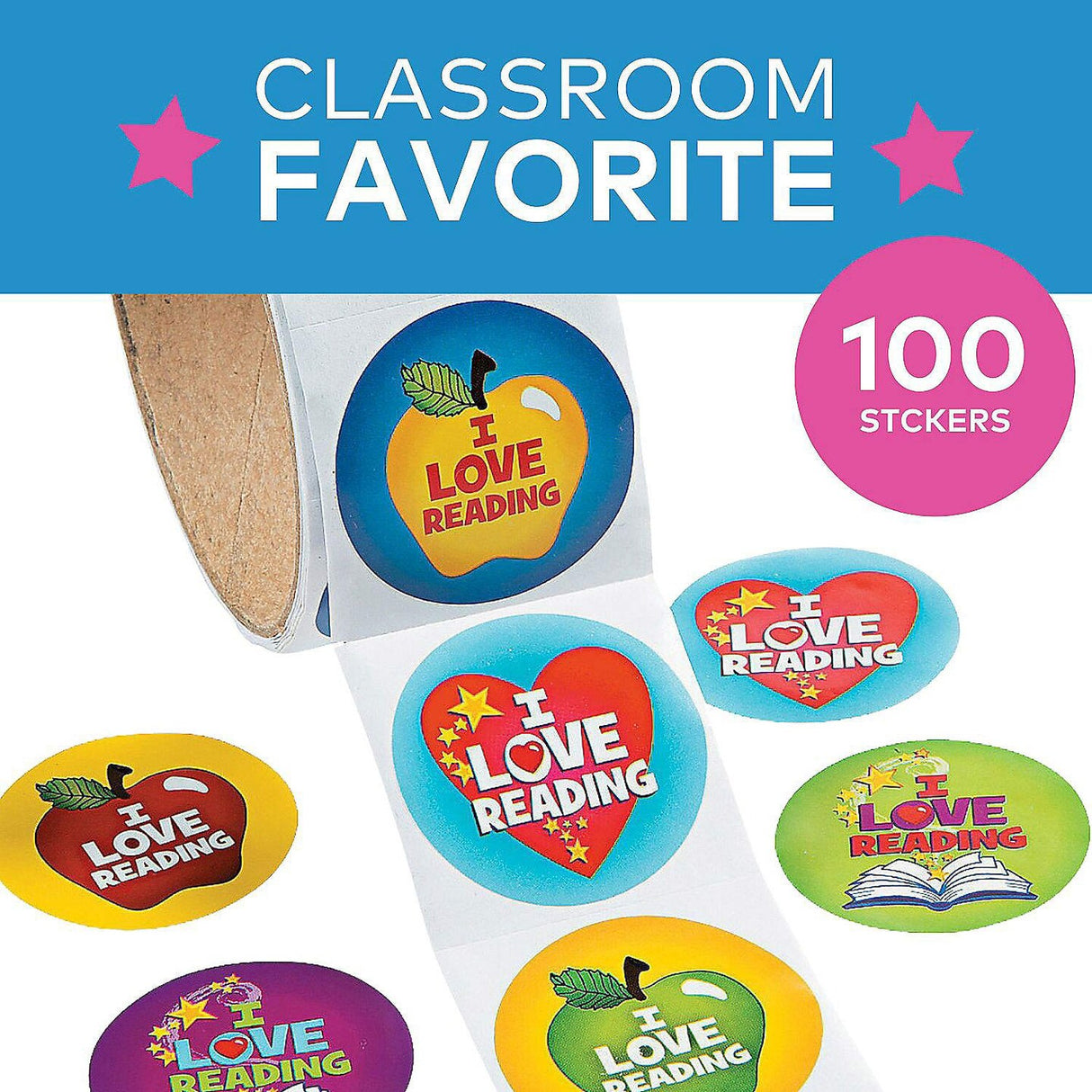 1 1/2" Multicolor I Love Reading Paper Sticker Roll 100 Pc