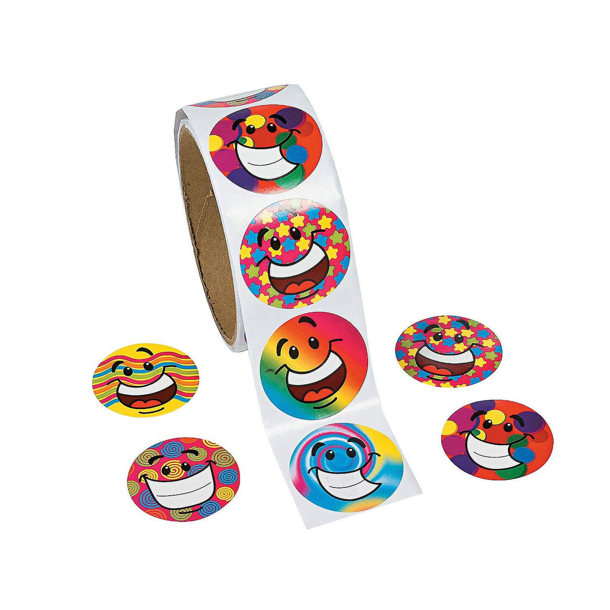 1 1/2" Multicolor Funky Smile Face Paper Sticker Roll 100 Pc