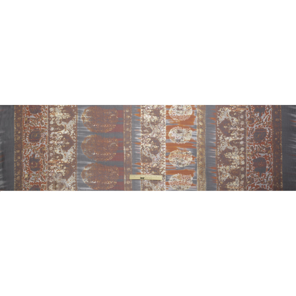 Brown, Rust and Black Decorated Stripes Crinkled Silk Chiffon