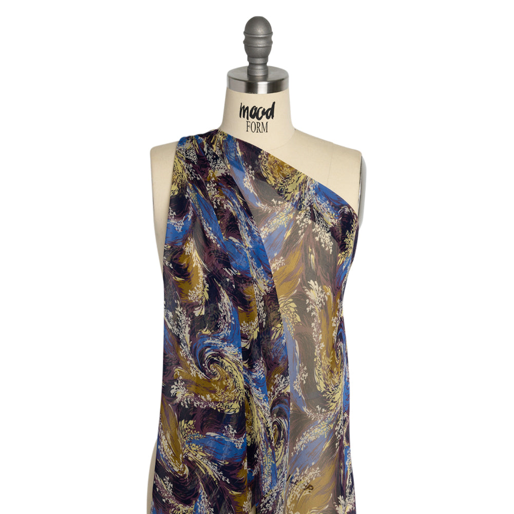 Blue, Purple and Yellow Swirling Bouquets Silk Chiffon