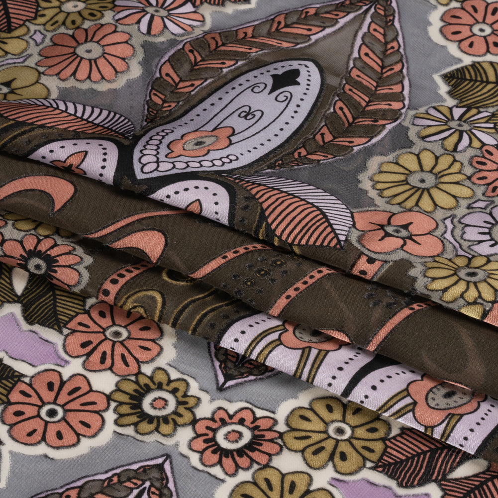Pink, Lilac and Gray Flowers, Stripes, and Ornate Scrolls Silk and Rayon Burnout Satin