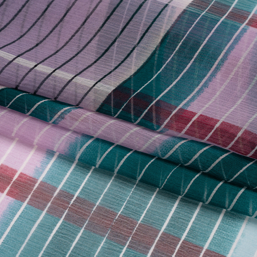 Teal, Lavender and Burgundy Stripes and Rectangles Crinkled Chiffon Panel