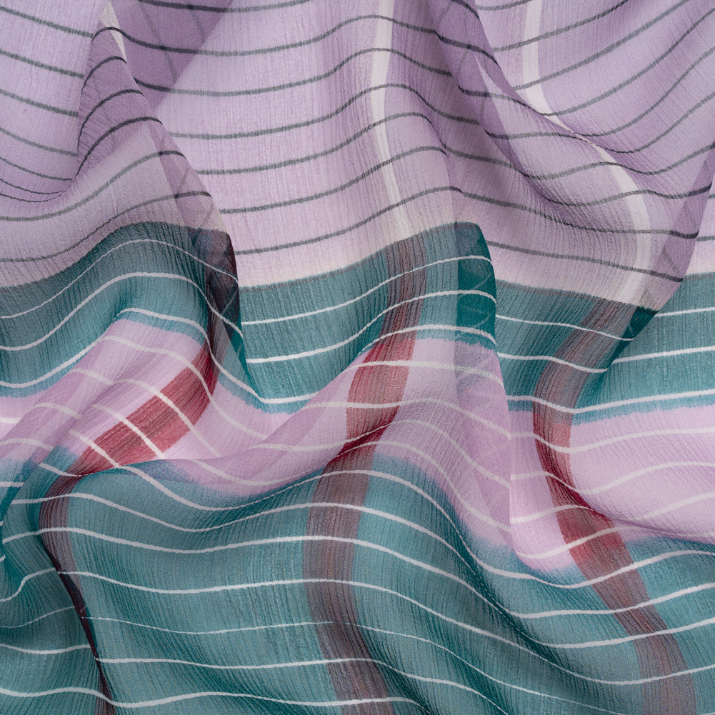Teal, Lavender and Burgundy Stripes and Rectangles Crinkled Chiffon Panel
