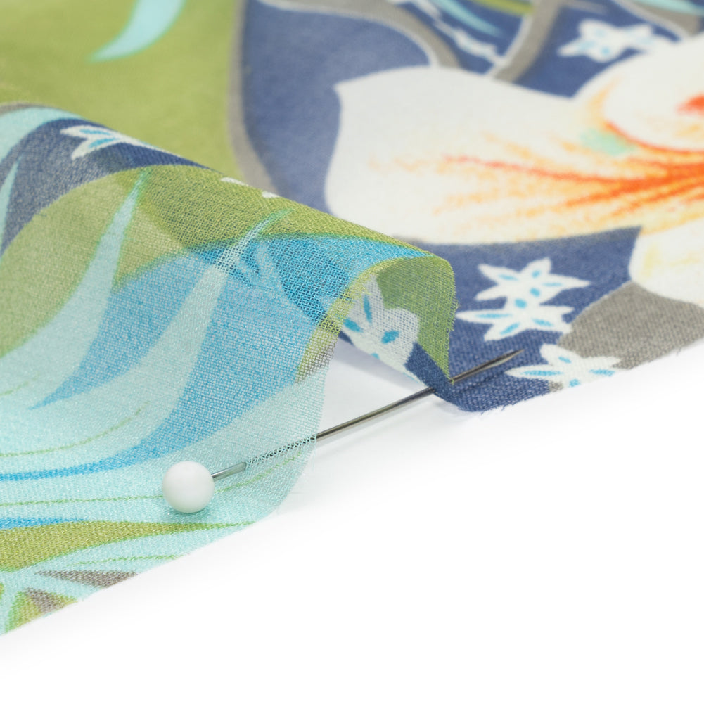 Blue, Green and Orange Tropical Flora Silk Chiffon