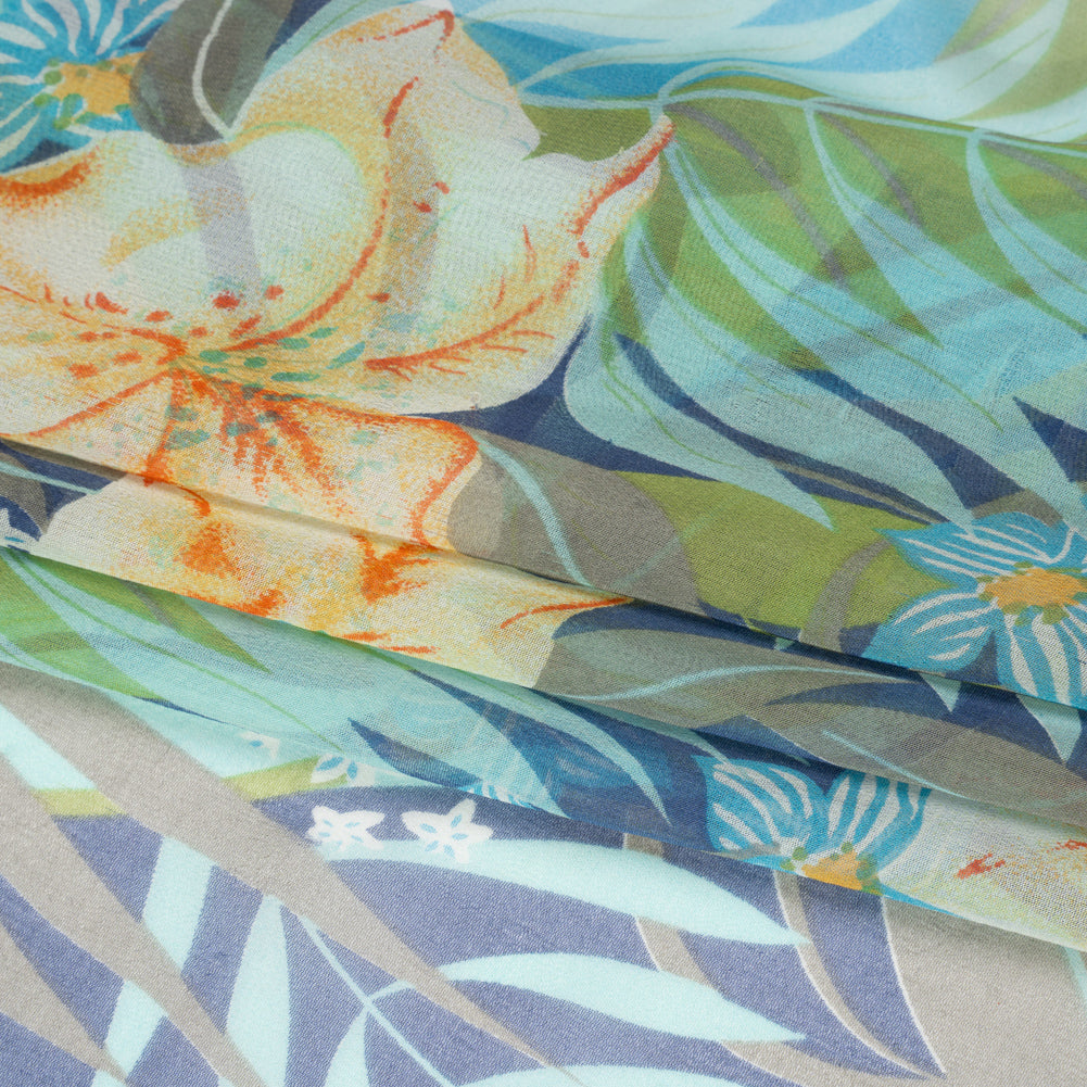 Blue, Green and Orange Tropical Flora Silk Chiffon