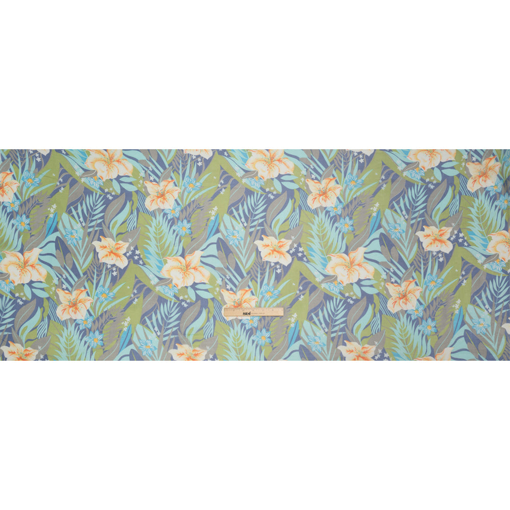 Blue, Green and Orange Tropical Flora Silk Chiffon