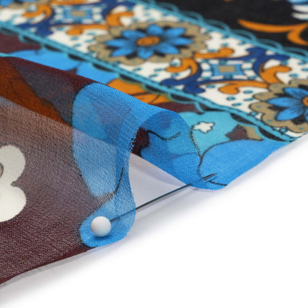 Blue, Orange and Aubergine Floral Stripes Silk Chiffon