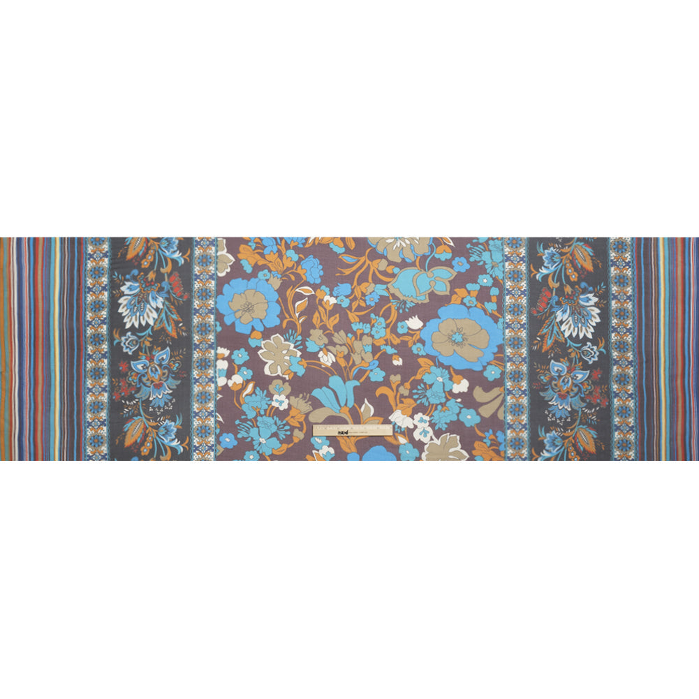 Blue, Orange and Aubergine Floral Stripes Silk Chiffon