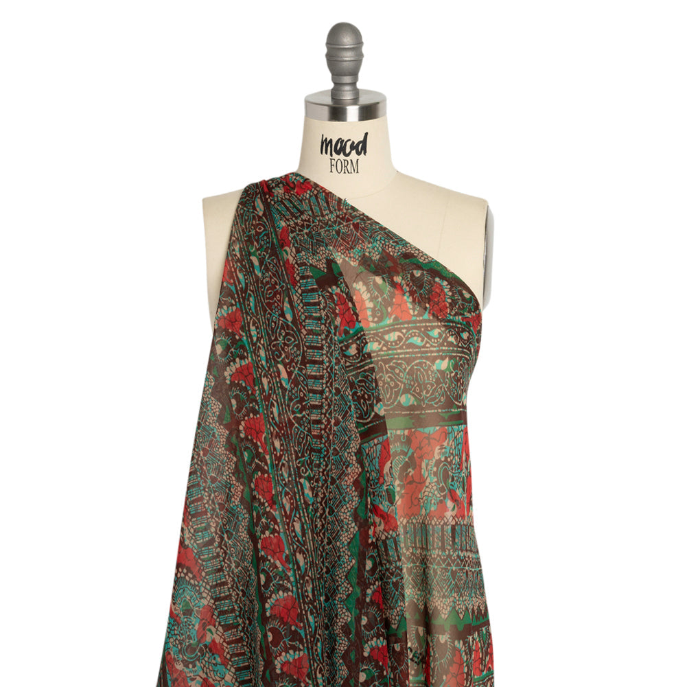 Chocolate, Berry and Turquoise Floral and Geometric Diagonal Stripes Silk Chiffon