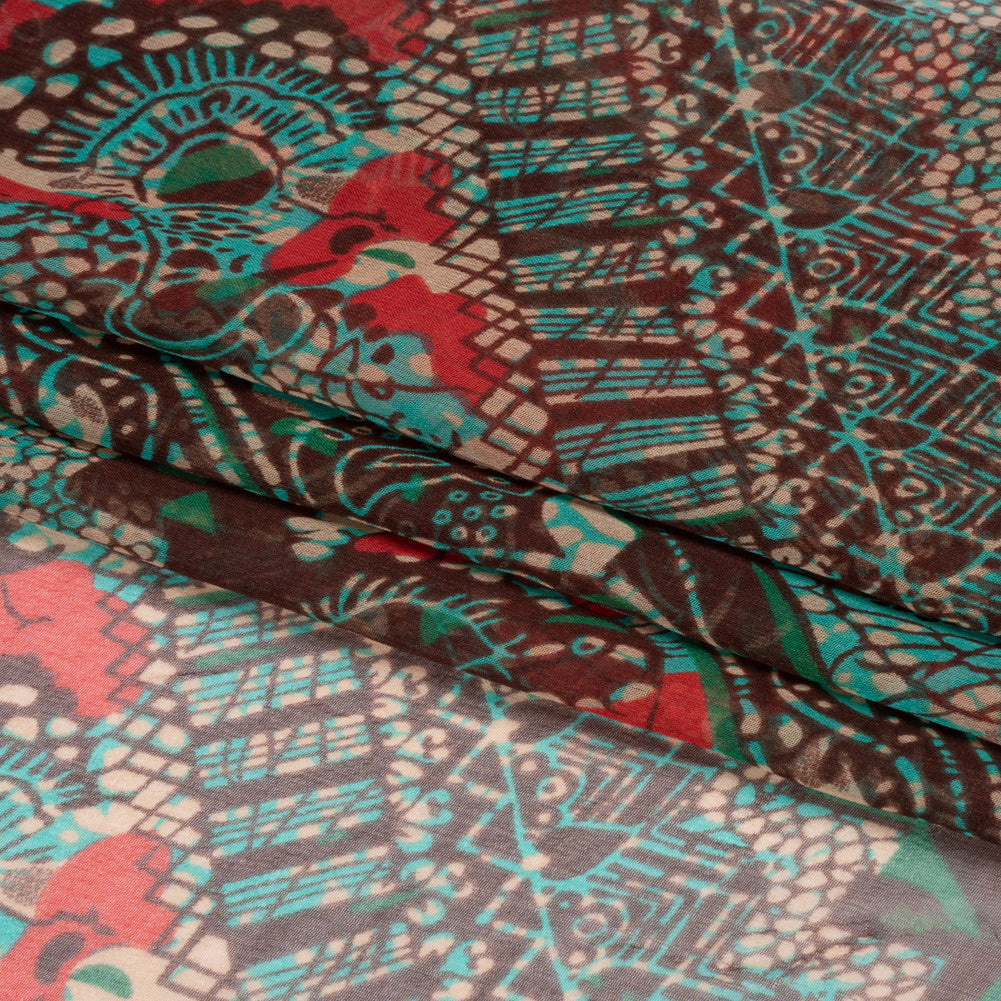Chocolate, Berry and Turquoise Floral and Geometric Diagonal Stripes Silk Chiffon