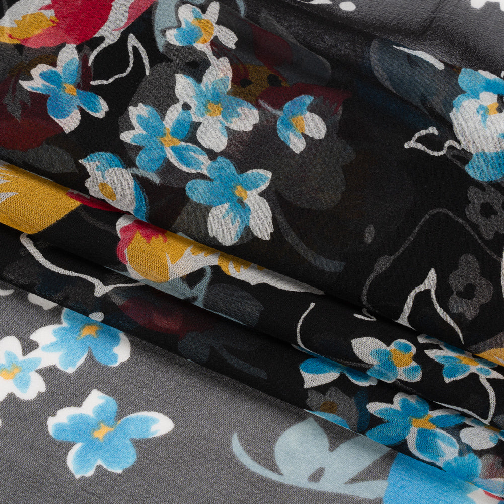 Black, Red and Blue Floral Silk Chiffon
