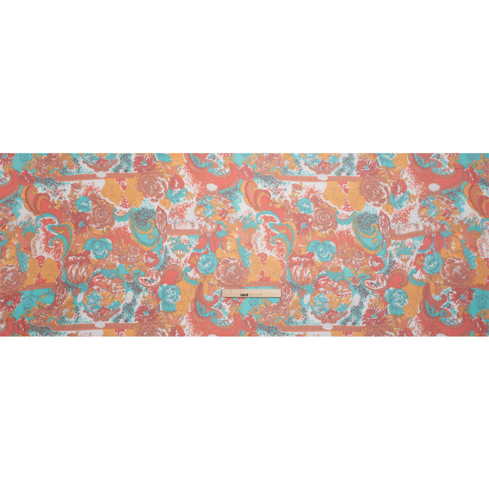 Turquoise, Peach and Orange Ornamental Gardens Crinkled Silk Chiffon