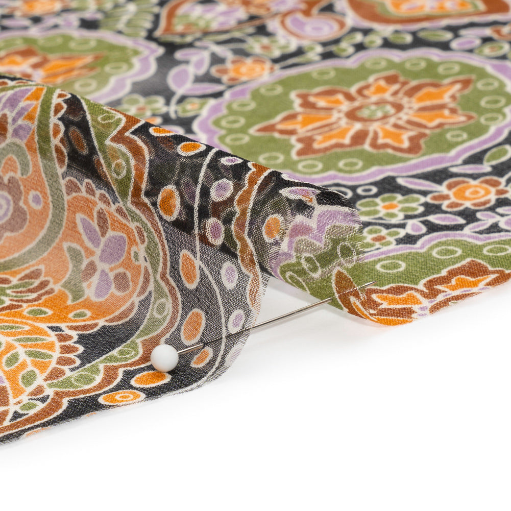 Brown, Green and Orange Floral Silk Chiffon