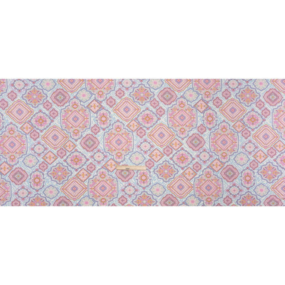 Stretch Polyester Jersey - Pale Pink, Baby Blue, and Golden Yellow Geometric Medallions