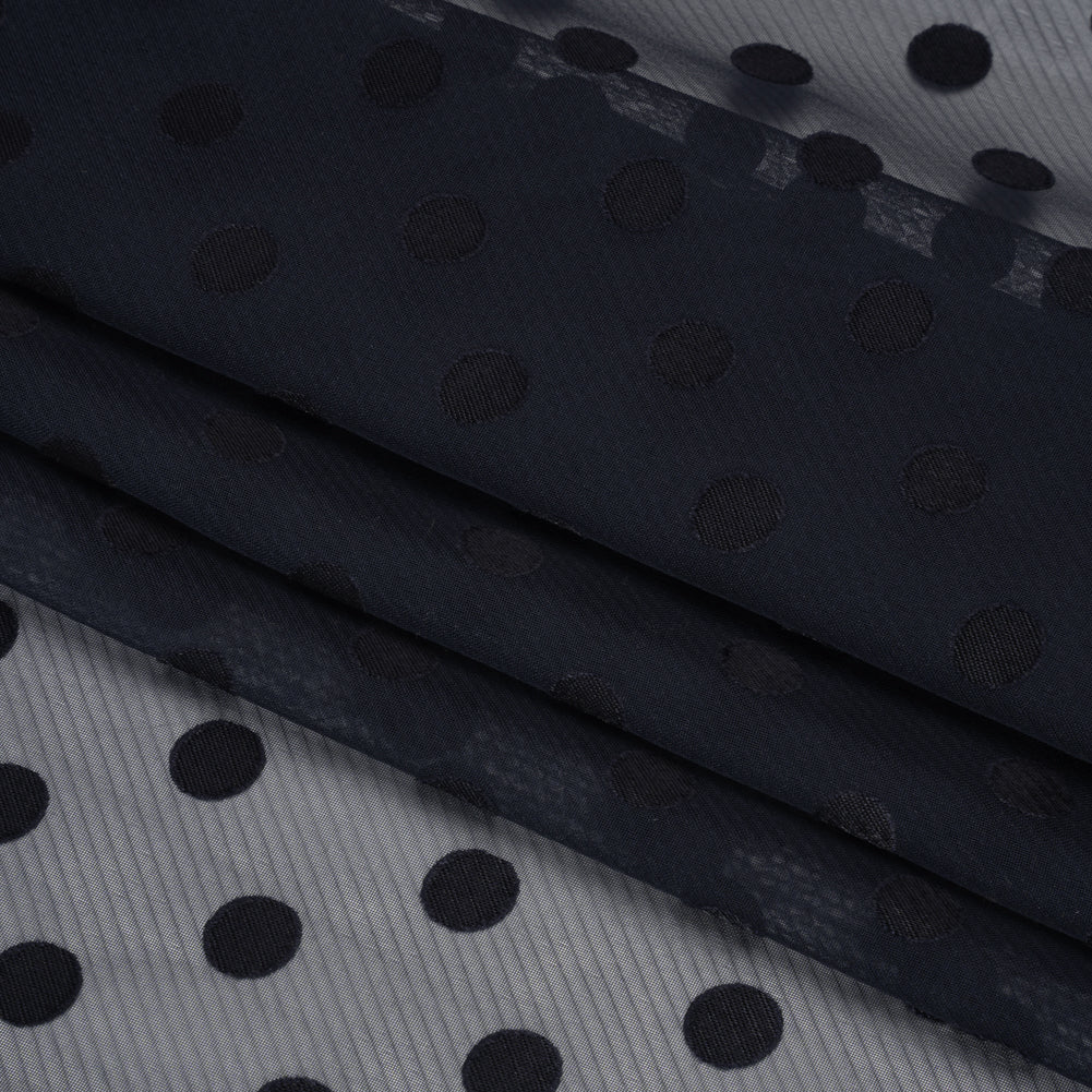 Famous Australian Designer Navy Polyester Chiffon with Satin Burnout Polka Dots