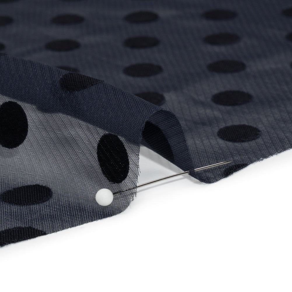 Famous Australian Designer Navy Polyester Chiffon with Satin Burnout Polka Dots