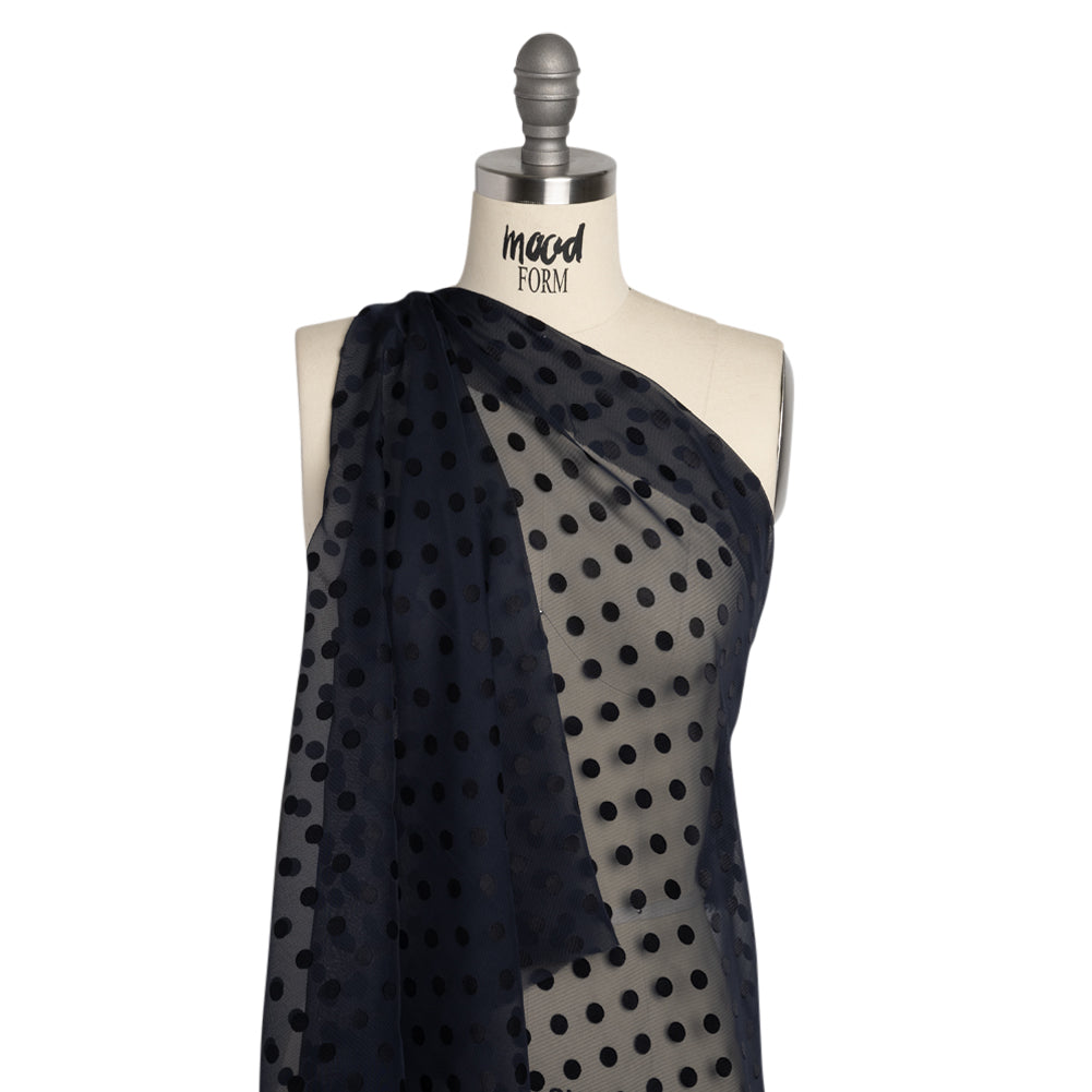 Famous Australian Designer Navy Polyester Chiffon with Satin Burnout Polka Dots