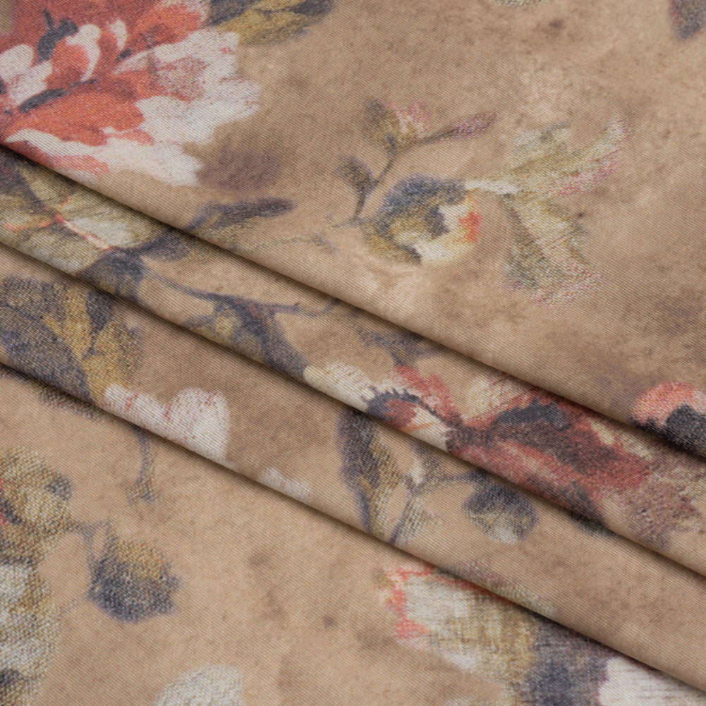 Famous Australian Designer Warm Taupe and Rose Floral Fresco Stretch Polyester Jersey
