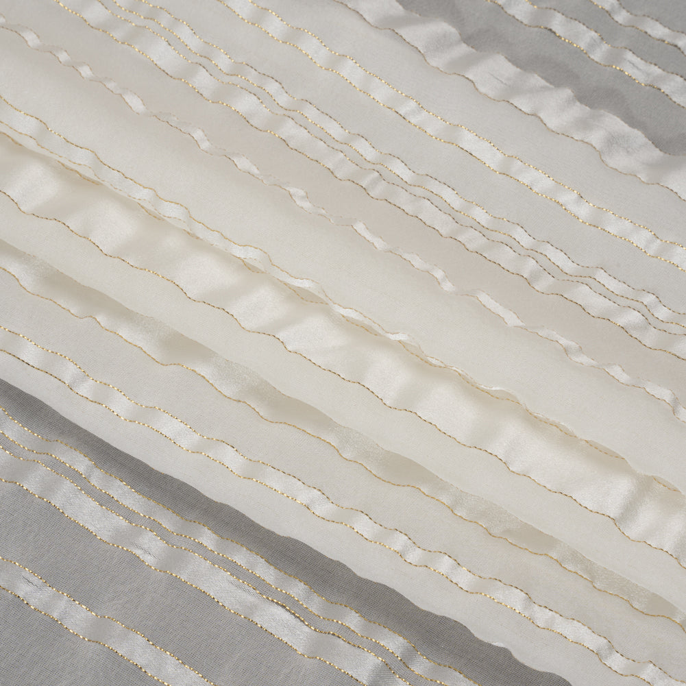 Famous Australian Designer White and Metallic Gold Satin Burnout Stripes Silk Woven