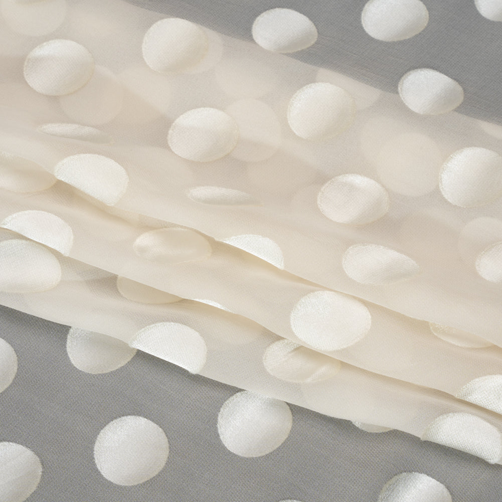 Famous Australian Designer Cream Burnout Satin Polka Dots Silk and Viscose Georgette