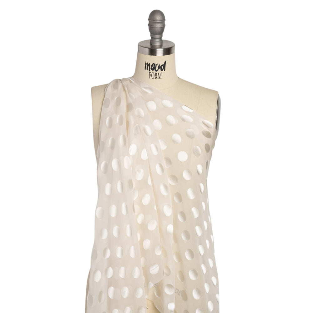 Famous Australian Designer Cream Burnout Satin Polka Dots Silk and Viscose Georgette