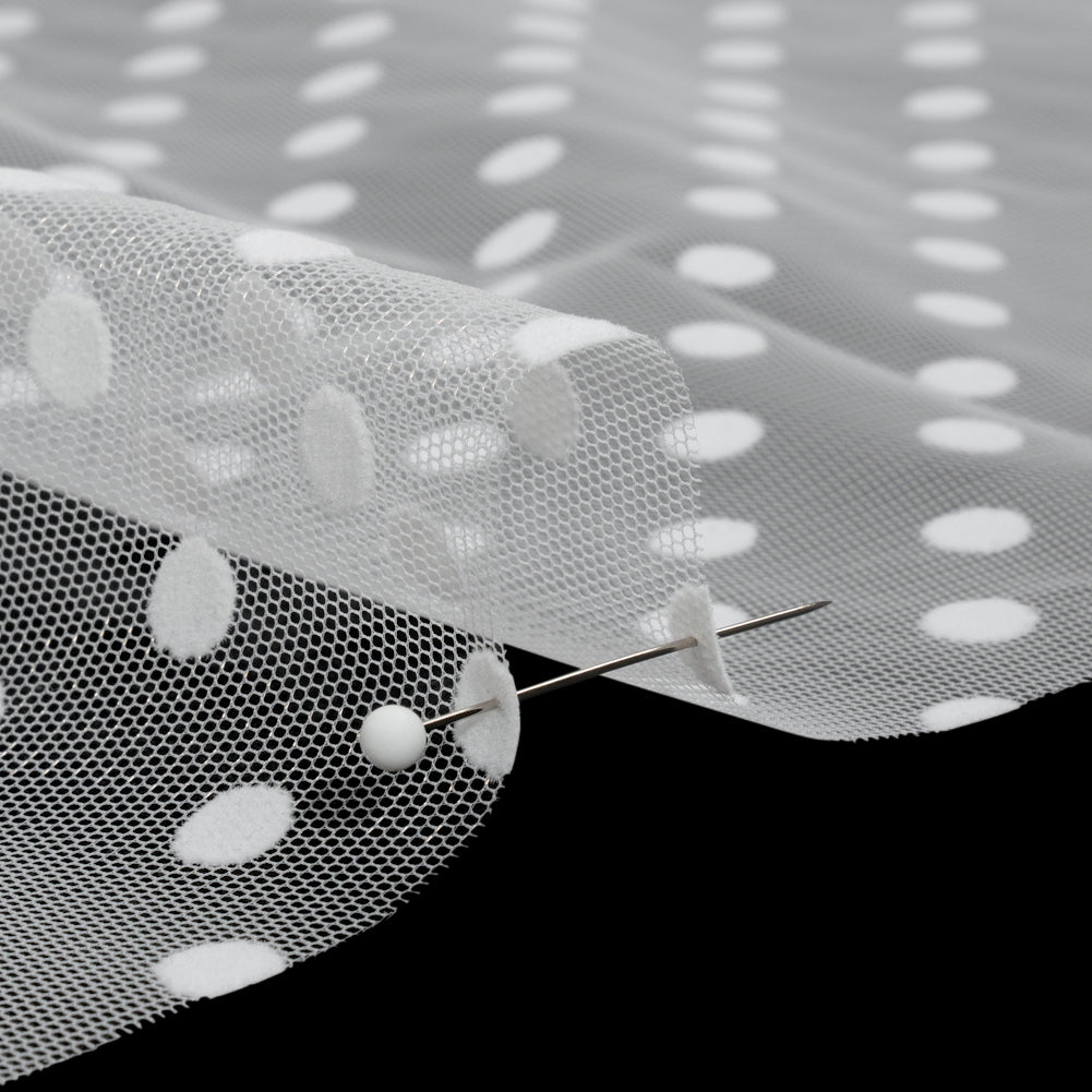 Famous Australian Designer White Big Flocked Polka Dots Polyester Tulle