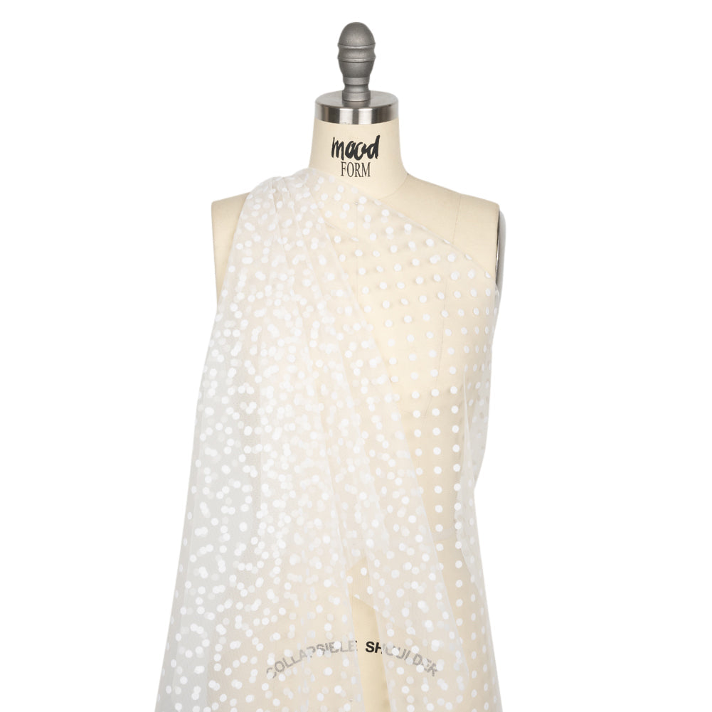 Famous Australian Designer White Big Flocked Polka Dots Polyester Tulle