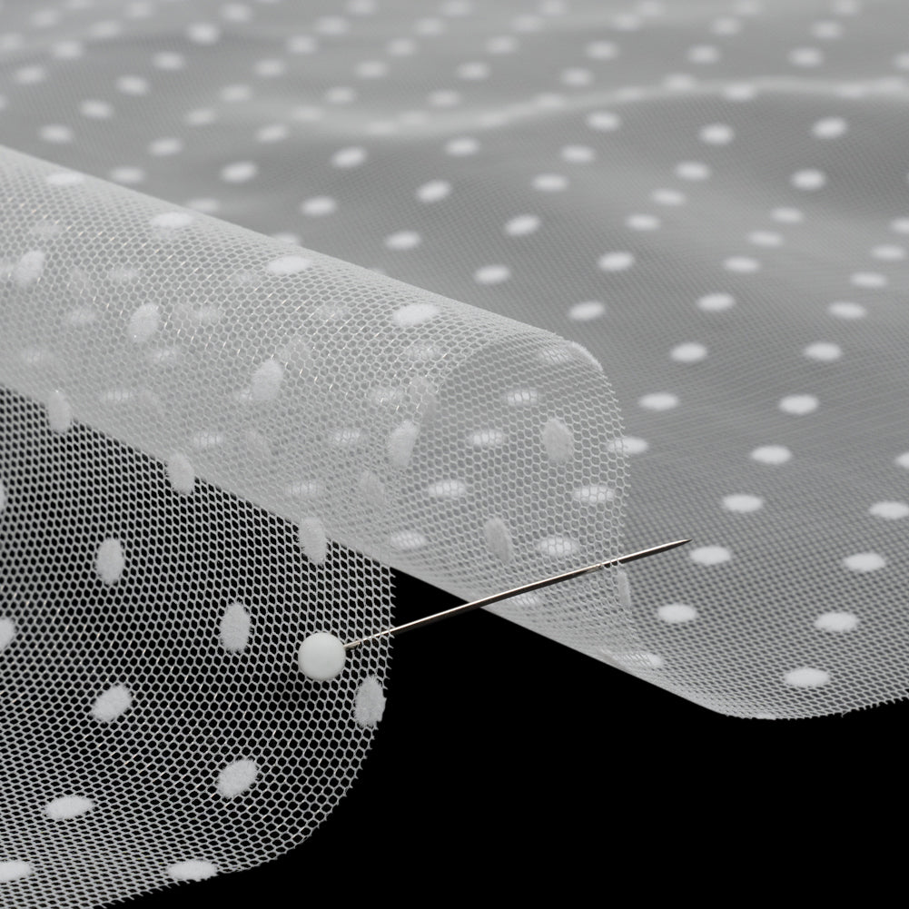 Famous Australian Designer White Little Flocked Polka Dots Polyester Tulle