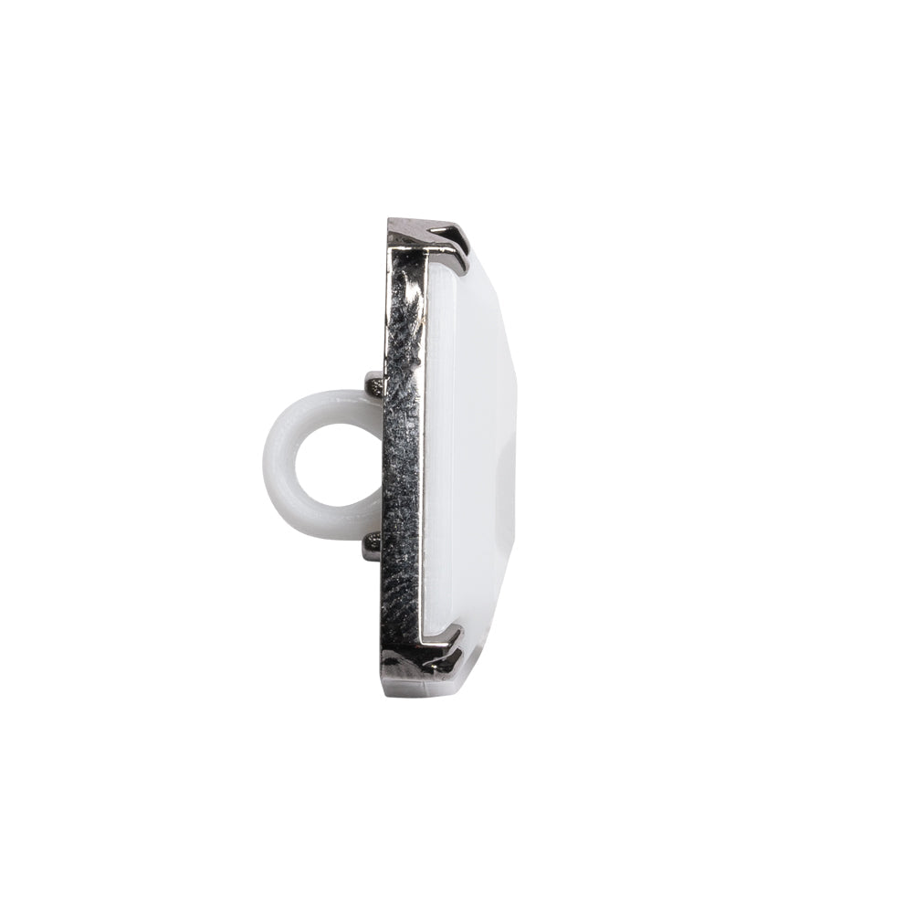 Rectangular Plastic Shank Back Button - White and Metallic Silver Faceted - 36L/23mm