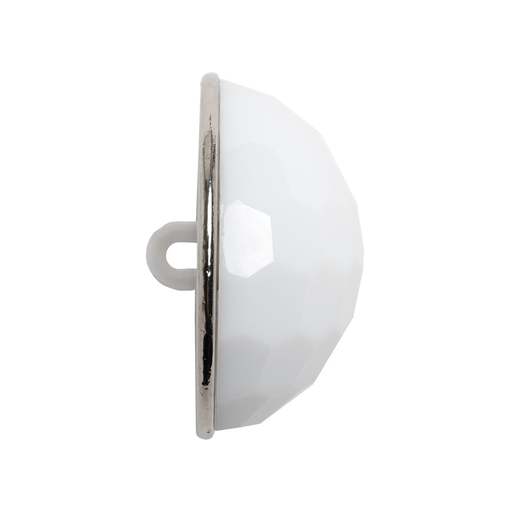 Domed Plastic Shank Back Button - White and Metallic Silver Faceted - 44L/28mm