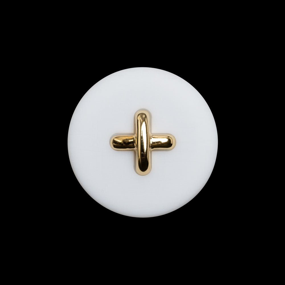 Plastic Shank Back Button - 36L/23mm - White and Metallic Gold Faux Stitched 4-Hole