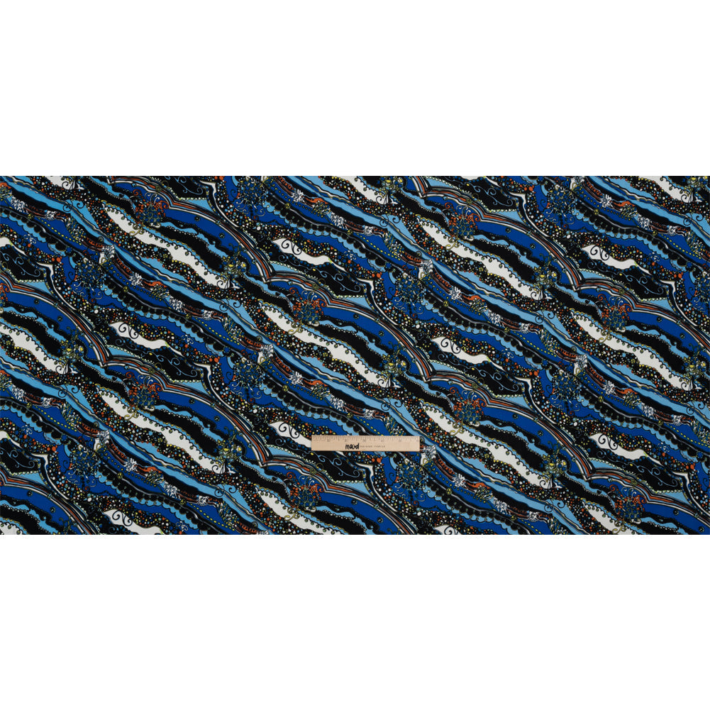 Blue, Orange and Black Fancy Diagonal Stripes Silk Jersey