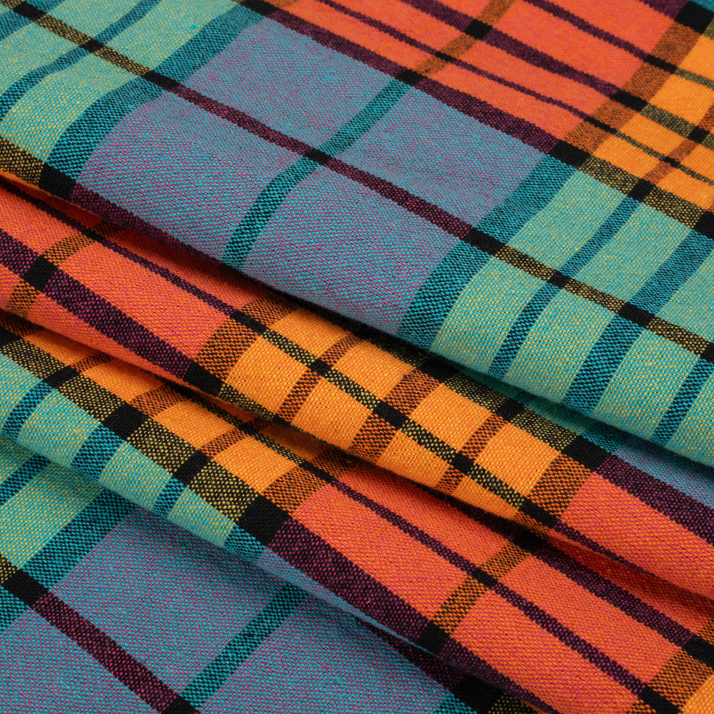 Orange, Green and Blue Plaid Homespun Cotton and Polyester Woven