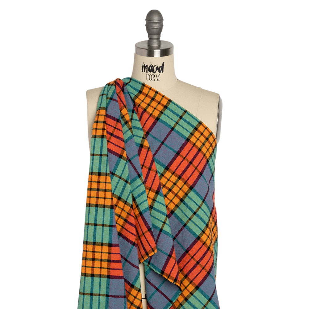 Orange, Green and Blue Plaid Homespun Cotton and Polyester Woven