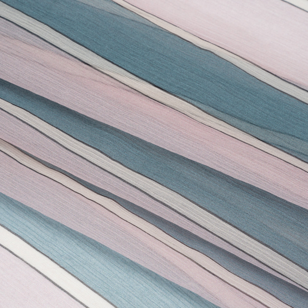 Famous Australian Designer Lilac, French Blue and Cream Striped Crinkled Silk Chiffon