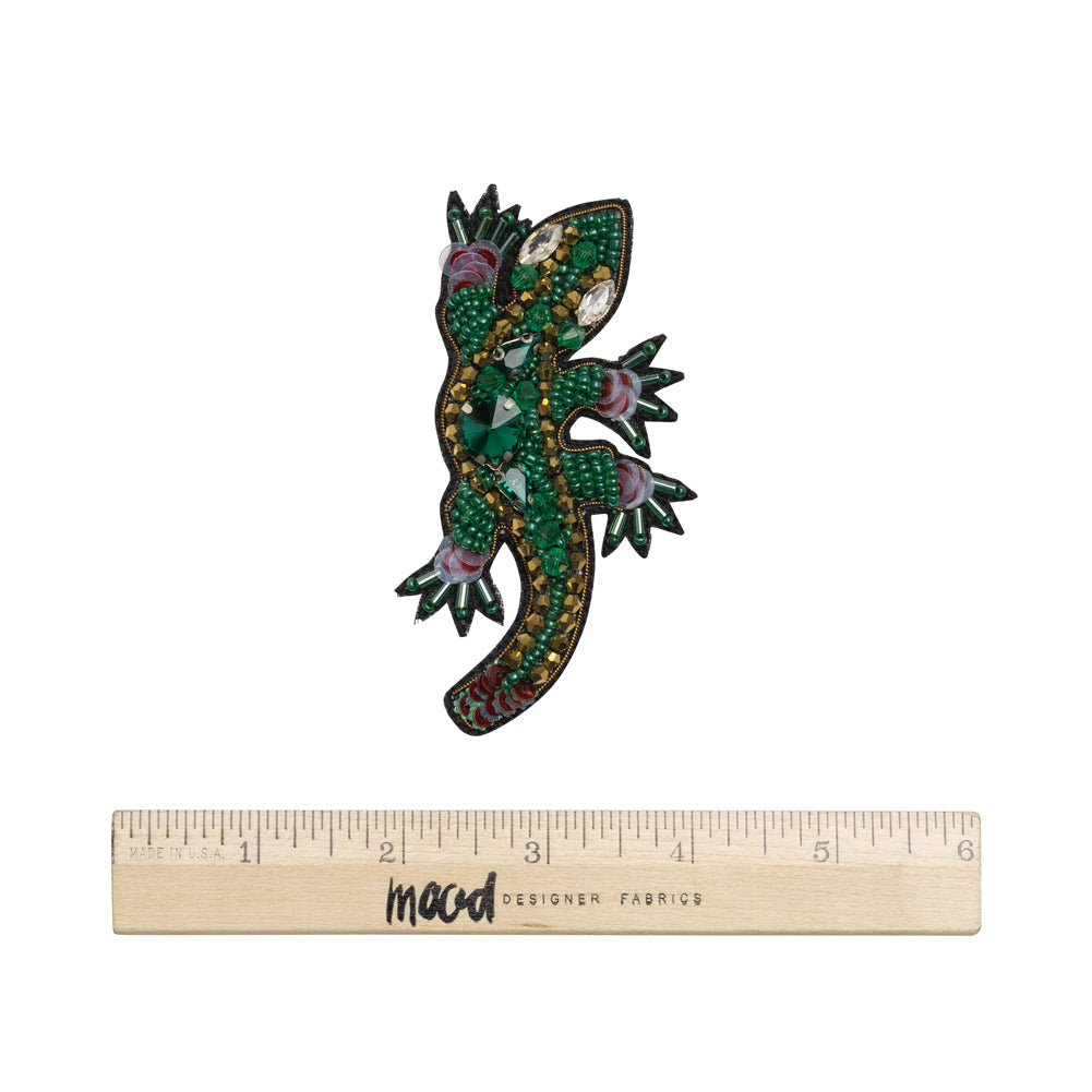 Rhinestones, Sequins and Glass Beaded Applique, 3.5" x 2.75" - Green and Gold Lizard - Alice Collection