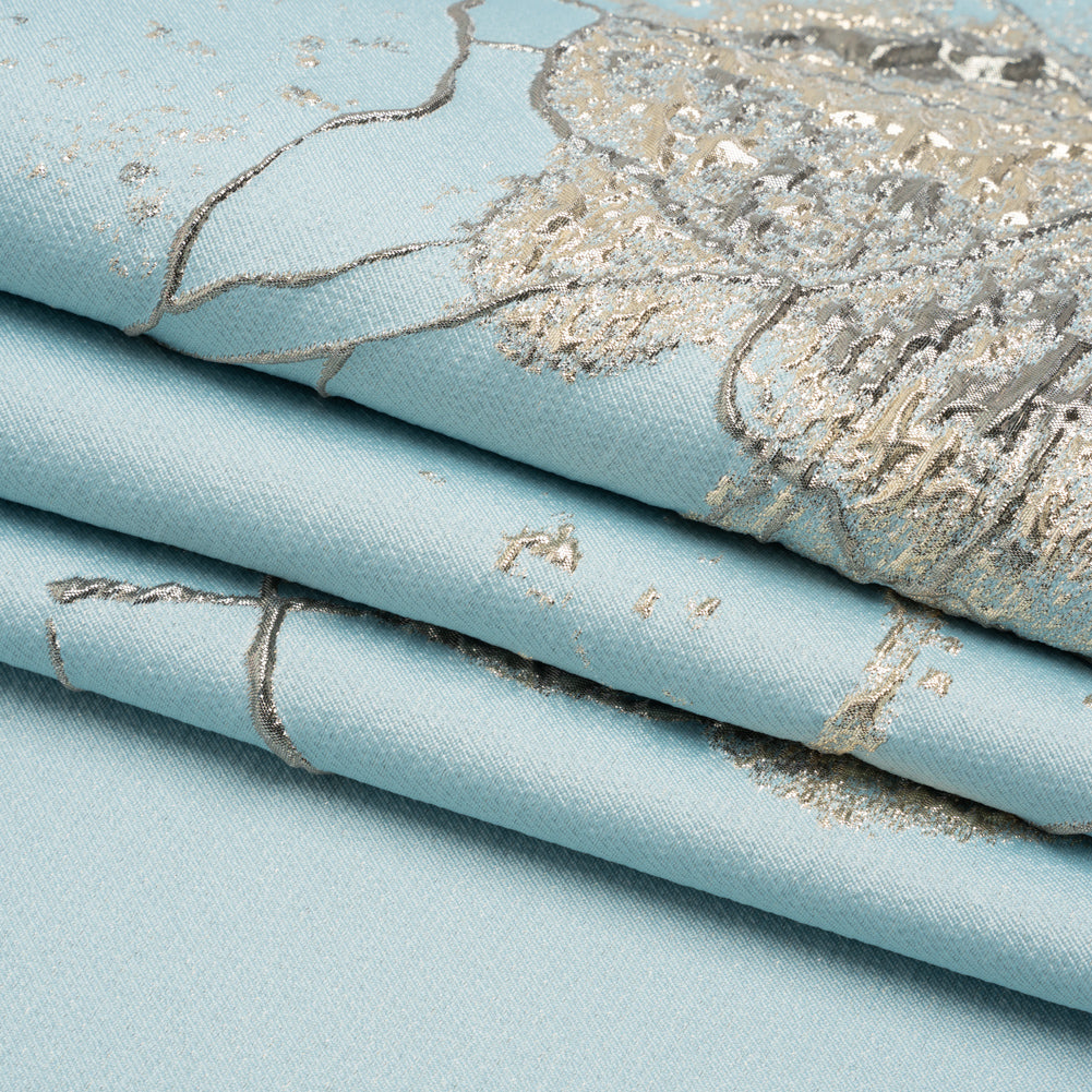 Metallic Silver, Gray and Sky Blue Fanciful Floral Luxury Brocade