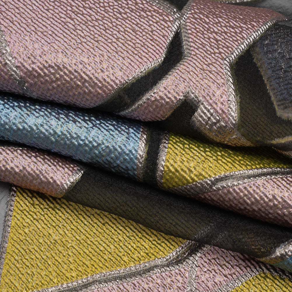 Pink, Blue and Yellow Metallic Abstractly Geometric Luxury Burnout Brocade