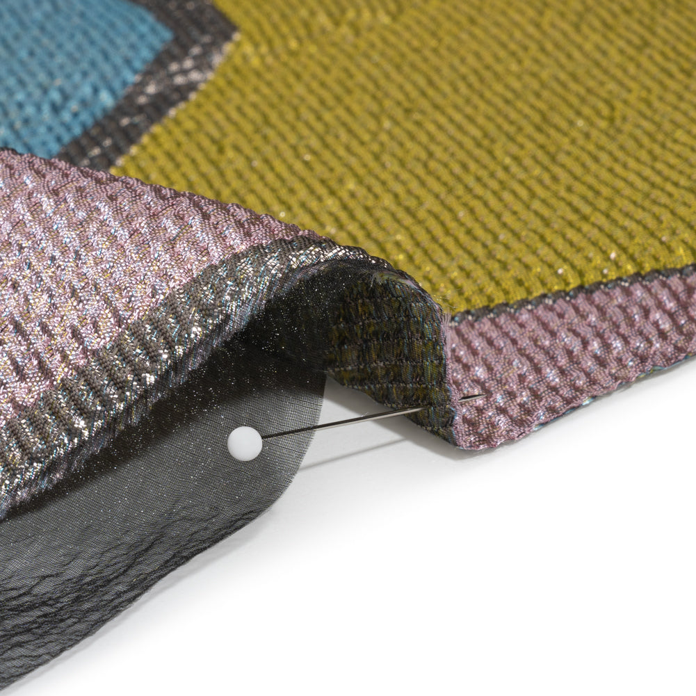 Pink, Blue and Yellow Metallic Abstractly Geometric Luxury Burnout Brocade
