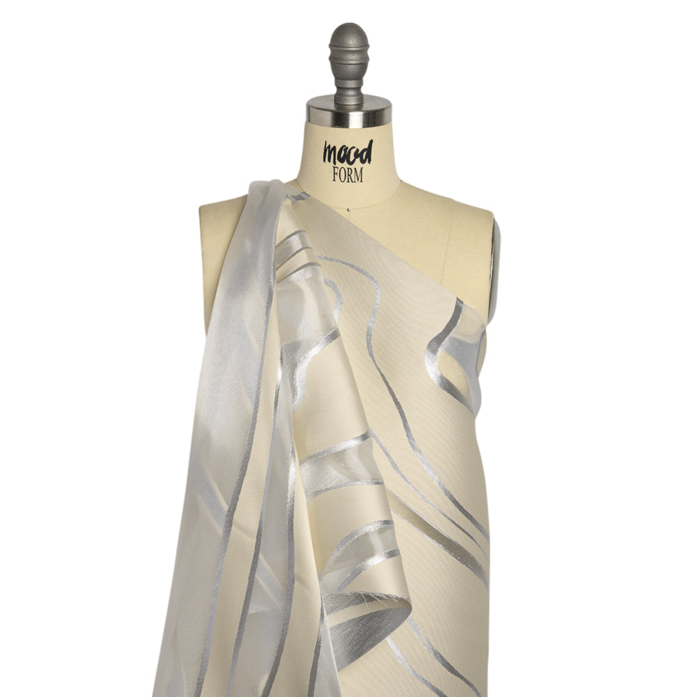 Metallic Silver and Beige Flowing Lines Luxury Burnout Brocade