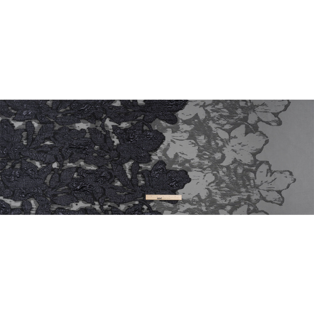 Metallic Gunmetal and Black Floral Silhouettes Border Luxury Burnout Brocade